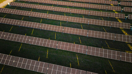 Aerial view of a solar power station with rows of photovoltaic panels arranged symmetrically on green grass during sunset light. © StockMediaSeller