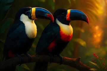 Naklejka premium Colorful Toucans Perched in Tropical Forest – Vibrant Wildlife Scene with Exotic Birds