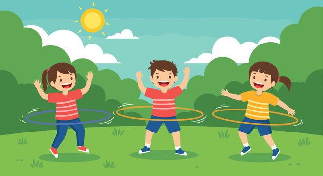 Three happy children playing with hula hoops in a green park on a sunny day having fun together during the summer.