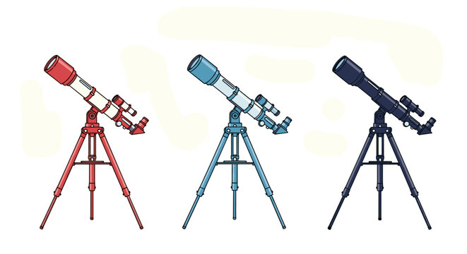 Set of three colorful refractor telescopes in red blue and dark blue on tripod mounts for amateur astronomy and stargazing.