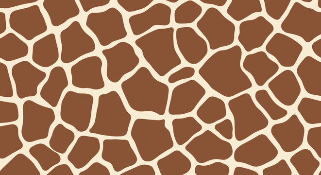Seamless repeating background pattern of a classic giraffe skin print with irregular brown spots on a light beige backdrop.