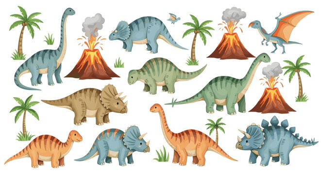 Cute watercolor collection of various dinosaurs including brachiosaurus triceratops and stegosaurus with volcanoes and palm trees.