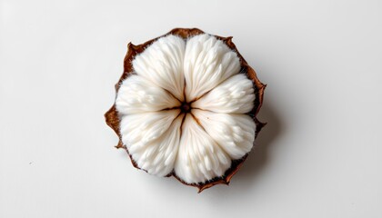 An artful composition of white, fluffy cauliflower arranged in a circular pattern within a wooden bowl that resembles a pine cone
