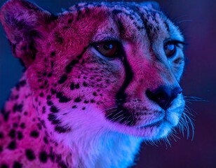 Close-up of a cheetah's face, illuminated by vibrant purple and pink hues