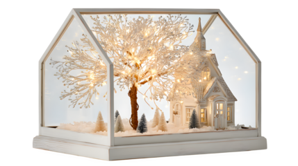 Enchanting winter scene with illuminated church and tree for festive holiday decor isolated on transparent background
