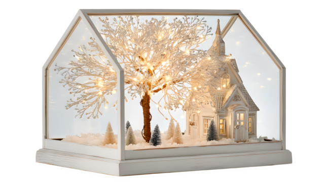 Enchanting winter scene with illuminated church and tree for festive holiday decor isolated on transparent background