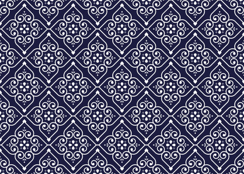 ethnic fabric seamless pattern, blue and white color, design for cloth, carpet, batik, wallpaper, wrapping etc.