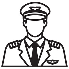 Minimalist Black Outline Pilot Icon with Professional Uniform and Cap