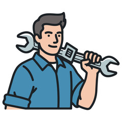 Outline Style Illustration of Man Mechanic Holding Adjustable Wrench