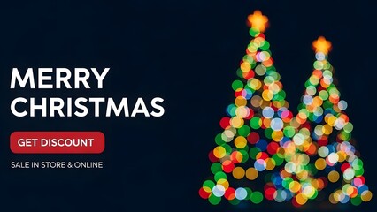 Merry christmas sale banner with two abstract bokeh christmas trees made of colorful holiday lights on a dark blue background promoting a discount offer