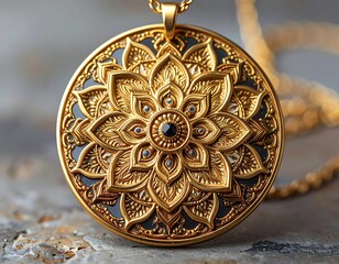 Close-up of ornate golden pendant with floral design, jewels