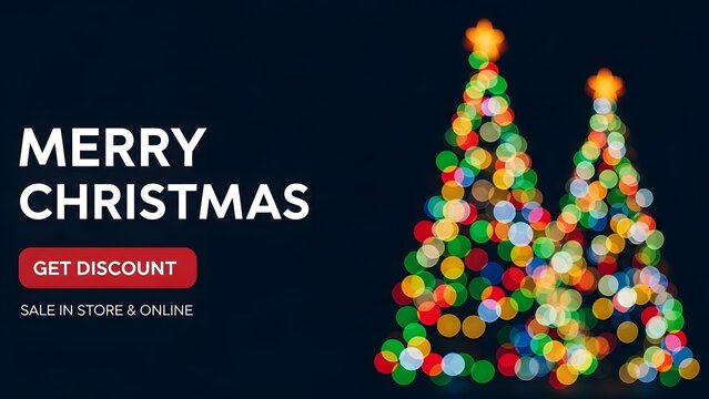 Merry christmas sale banner with two abstract bokeh christmas trees made of colorful holiday lights on a dark blue background promoting a discount offer