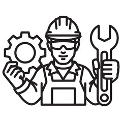 Black and White Line Art Mechanic Holding Tools Icon