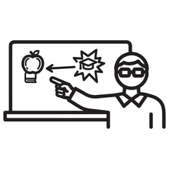 Monochrome Outline Icon: Teacher Explaining Education Symbols on Whiteboard