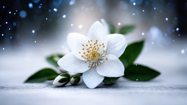 Delicate white flower with green leaves, soft bokeh background