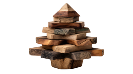 Unique wooden Christmas tree crafted from reclaimed lumber for rustic holiday charm isolated on transparent background