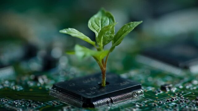 A small green sprout rises from a silicon microchip, amid blue-green circuitry and traces and specks