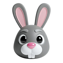 Gray 3D Rendered Bunny Head With Pink Accents and Big Eyes on Transparent Background Clean Design