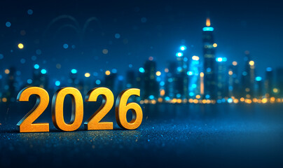 Golden 2026 Numbers with a futuristic night city skyline, Generative AI
