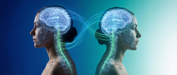 Female profiles with connected brains symbolize human connection and communication. Suitable for psychology, relationships, teamwork, or education concepts in designs.