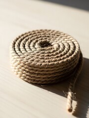 Obraz premium Coiled Jute Rope in a Spiral on wood surface, close-up view