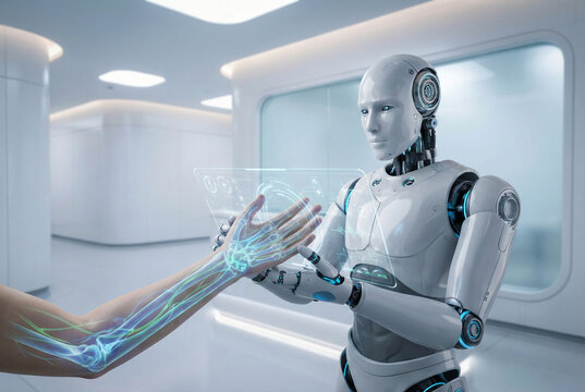White robot with tablet screen examines persons arm, ideal for medical, technology, future concept design projects needing futuristic elements.