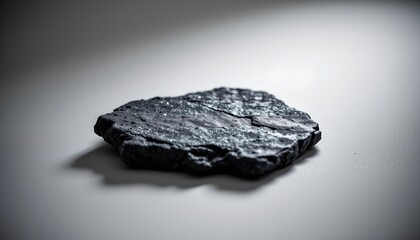 Naklejka premium A coal sample, which is prominently displayed in the foreground against a white background. The coal has visible layers and structures, suggesting it's a close up of a piece of coal