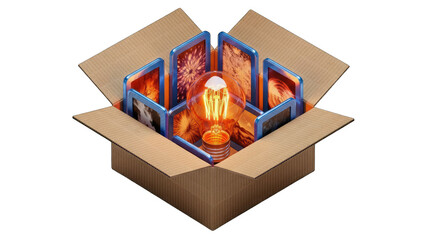 Incandescent Lightbulb Illuminating Inside an Open Cardboard Box Surrounded by Digital Screens Displaying Fiery Patterns Symbolizing Creative Innovation and Bright Ideas