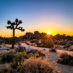 Desert landscape, golden sunset paints the sky with sun's bright rays