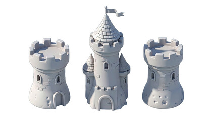 Three White Cartoon Castles With A Tall Central Tower And Flag Against A Transparent Background Ideal For Fantasy Games And Childrens Stories