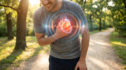 Man in distress having heart issues outdoors in a park setting. Suitable for health crisis concept in nature themed designs.