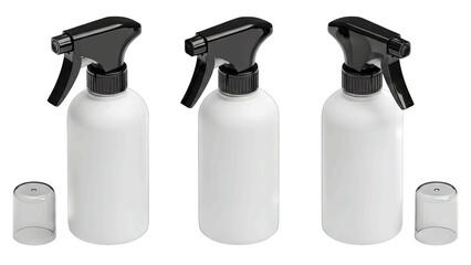 Three White Spray Bottles With Black Trigger Sprayers And Caps Lined Up Against A Clean Transparent Background For Easy Design Integration