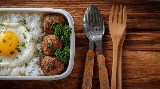 Rectangular bento with a sunny egg over white rice broccoli florets, and three brown croquettes now