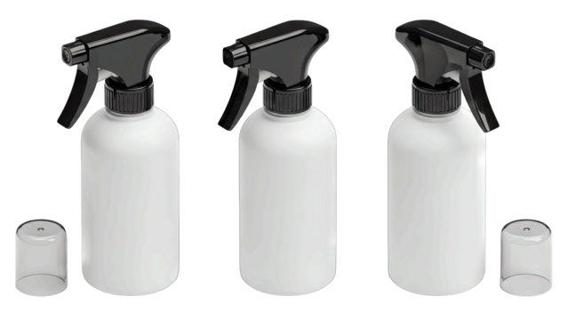 Three White Spray Bottles With Black Trigger Sprayers And Caps Lined Up Against A Clean Transparent Background For Easy Design Integration