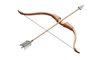 Traditional Brown Leather Archery Bow and Arrow Set with White Fletching and Silver Tip Isolated on Transparent Background