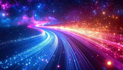 Digital rendering of a colorful cosmic highway with glowing lights