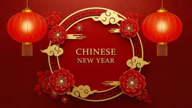 Vibrant red chinese new year celebration with traditional lanterns and floral decorations - Powered by Adobe