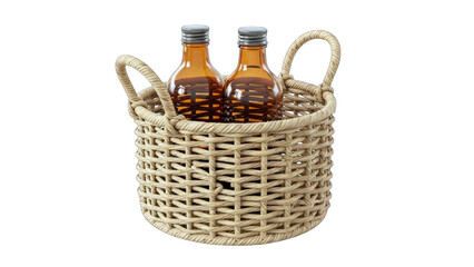 Two Amber Glass Bottles with Metal Caps Arranged in a Woven Rope Basket with Handles on a Transparent Background Ideal for Product Display and Design Projects
