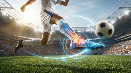 Soccer player with enhanced leg kicks a soccer ball, perfect for sports science research, futuristic sports concept designs, and technology illustrations.