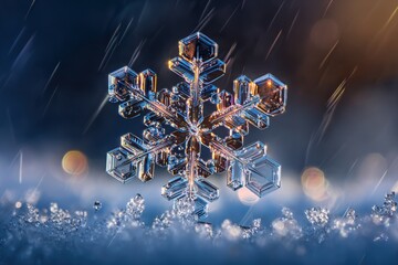 Intricate ice crystal snowflake with six branches, captured in , offering a detailed glimpse into natural geometry.