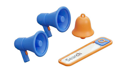 Two Blue Megaphones An Orange Bell And A Search Bar Element Representing Communication Announcement And Online Search In A 3D Render On A Transparent Background