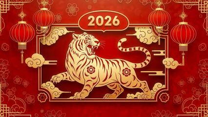 Golden tiger illustration with red lanterns and clouds for chinese new year 2026 celebration