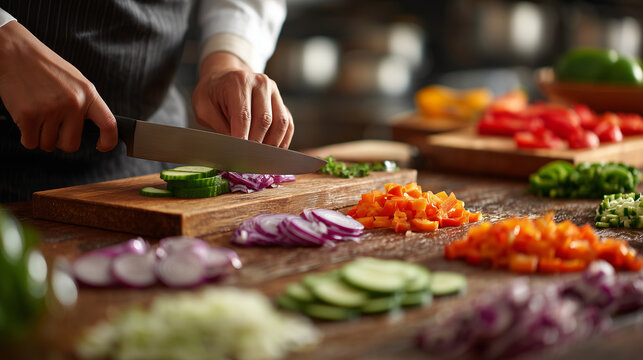 Chef prepares fresh vegetables on a wooden cutting board in a kitchen