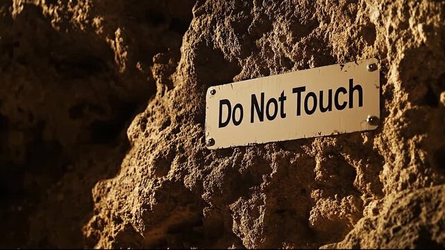 "Do Not Touch" sign affixed to a rough, natural rock formation, warning visitors.