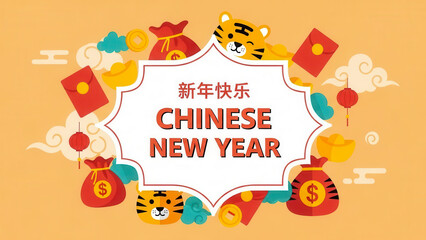 Naklejka premium Happy chinese new year celebration with cute tigers red envelopes and lucky money bags