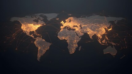 A minimalist, glowing map of the world, where major cities are connected by fine, pulsing lines of light, rendered in a sophisticated, muted gold and deep grey palette. Conceptual business_travel.
