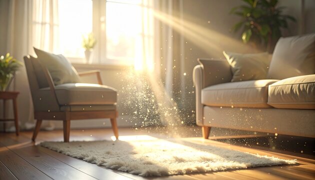 macro closeup dust particles floating sunbeam living room afternoon light gentle drift soft interior home living detail tiny motion warm atmosphere micro specks shimmering calm peaceful domestic