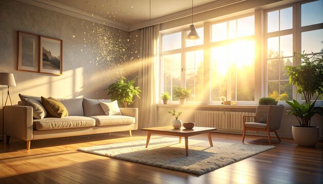 macro closeup dust particles floating sunbeam living room afternoon light gentle drift soft interior home living detail tiny motion warm atmosphere micro specks shimmering calm peaceful domestic - Powered by Adobe
