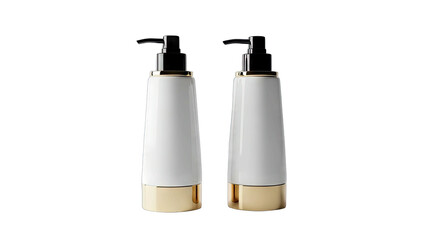 Two Elegant White And Gold Soap Dispensers With Black Pump Tops Isolated On A Black Background With A Transparent Background Option Ready For Design Applications