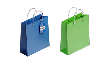 Two Empty Paper Shopping Bags One Blue One Green Displayed Side By Side With Handles Isolated On Transparent Background With Soft Shadows And Clean Lighting